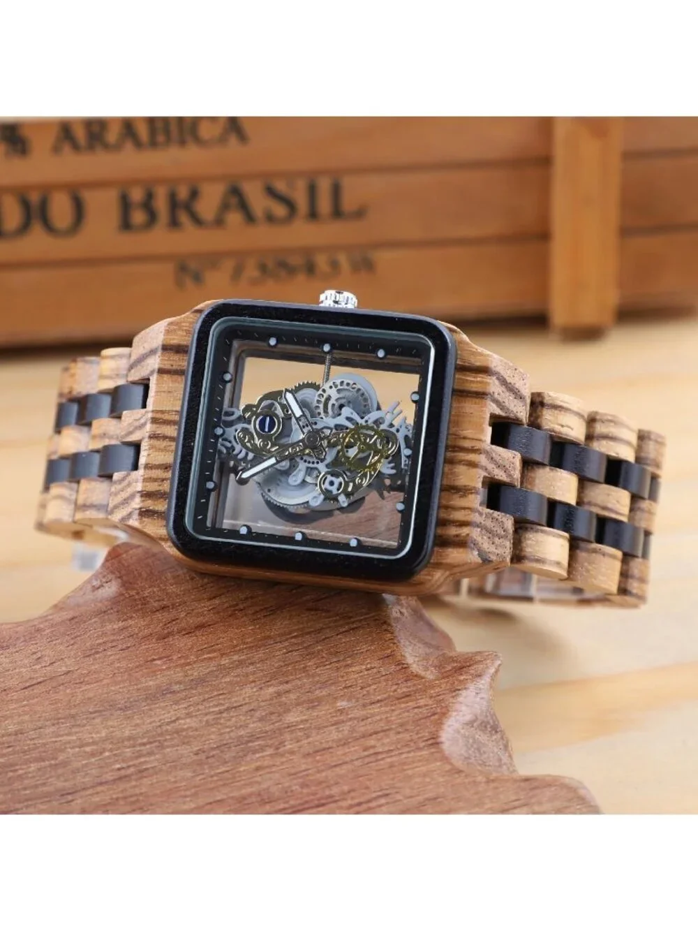 Men's Brown Square Skeleton Buckle Analog Quartz Classic Walking Wooden Watch